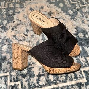 Lifestride Laguna Black/Coastal Linen Block Cork 3.5in Heeled Sandals 8.5 NEW